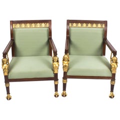 Vintage Pair of Empire Revival Mahogany and Gilt Armchairs, Late 20th Century