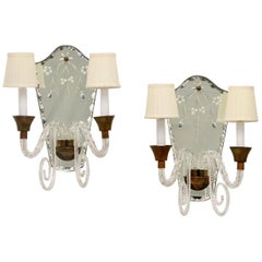 Hollywood Regency Murano Glass Sconces with Etched Mirrors and Brass Accents