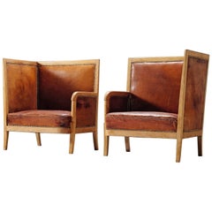 Early Scandinavian Cognac High Back Chairs, circa 1940