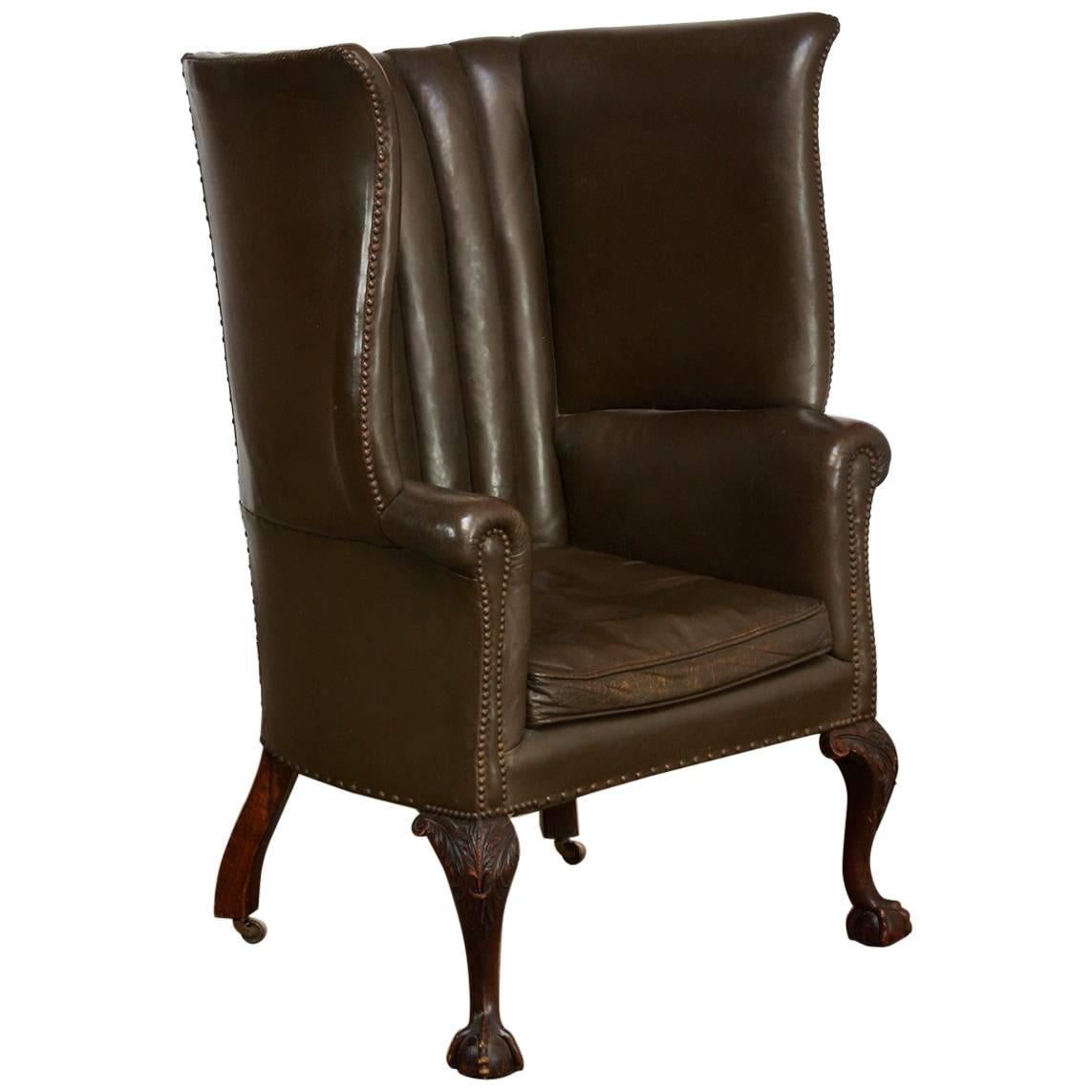 19th Century English Leather Porters Barrel Back Wing Chair