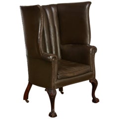 Antique 19th Century English Leather Porters Barrel Back Wing Chair