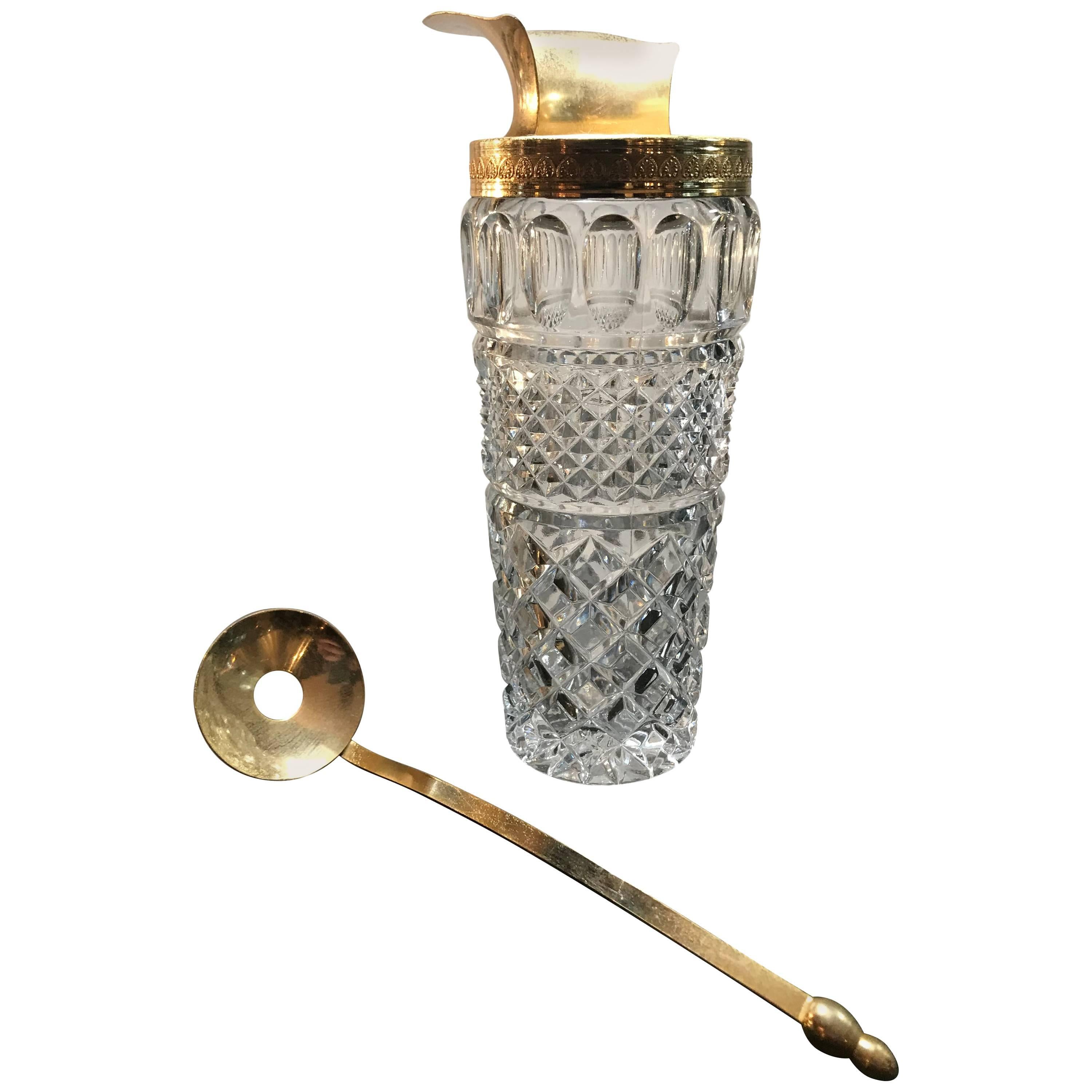 Glass and Gilt Metal Cocktail Mixing Jug or Pourer and Spoon
