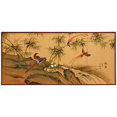 Japanese Four Panel Bamboo and Bird Landscape Screen