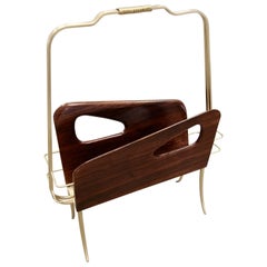 Italian Midcentury Magazine Rack or Stand in Wood and Brass