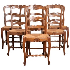 Set of Six French Oak Ladder Back Chairs with Rush Seats