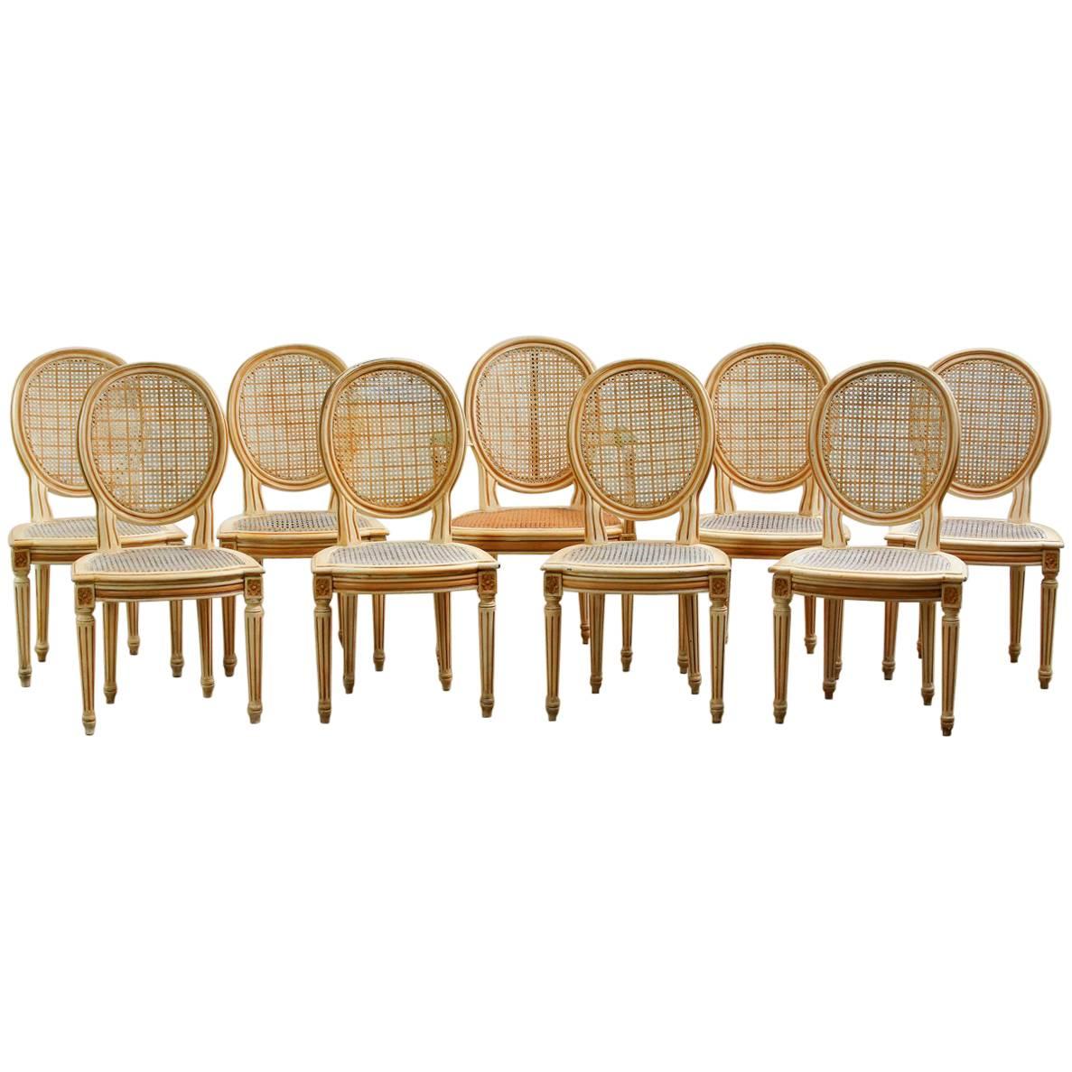 Set of Nine Louis XVI Lacquered Caned Dining Chairs