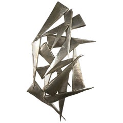 Brutalist Silvered Tin Wall Sculpture Signed by Artist