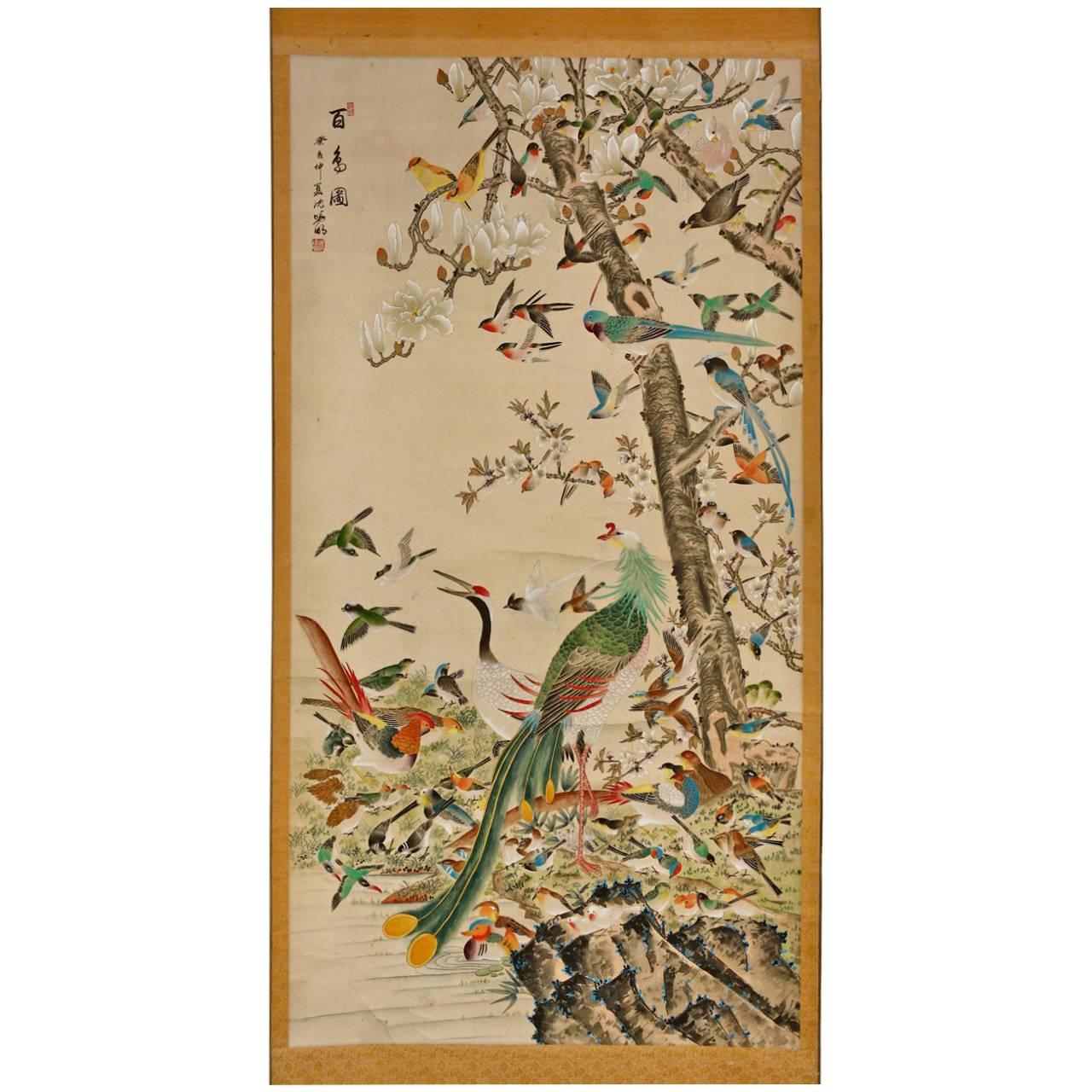 Chinese 100 Bird with Phoenix Hand-Painted Hanging Scroll