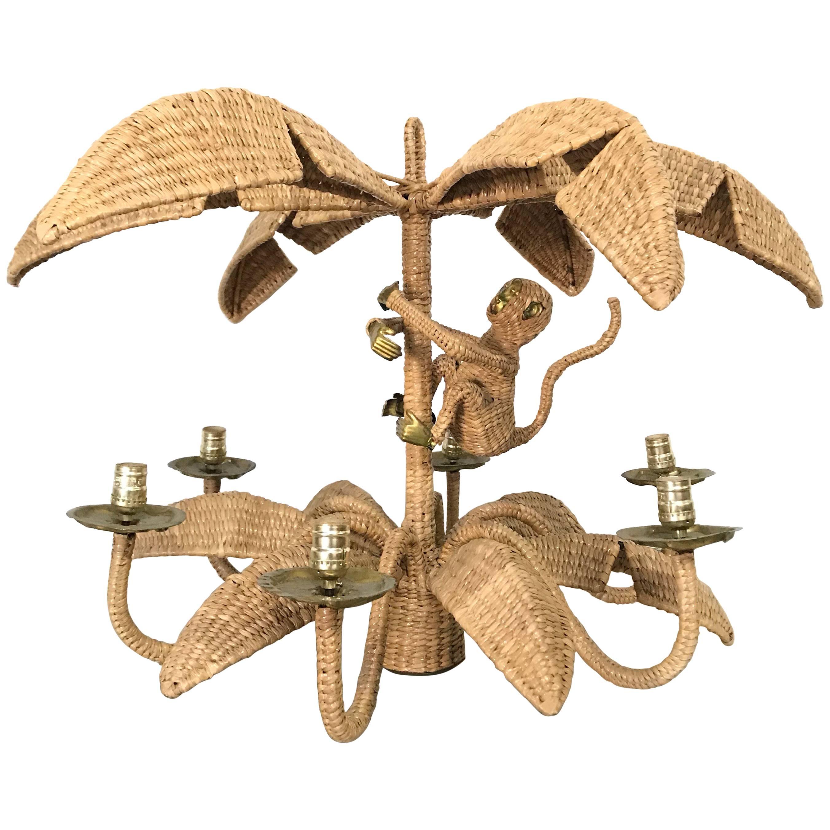 Mario Torres Woven Wicker Palm and Monkey Chandelier