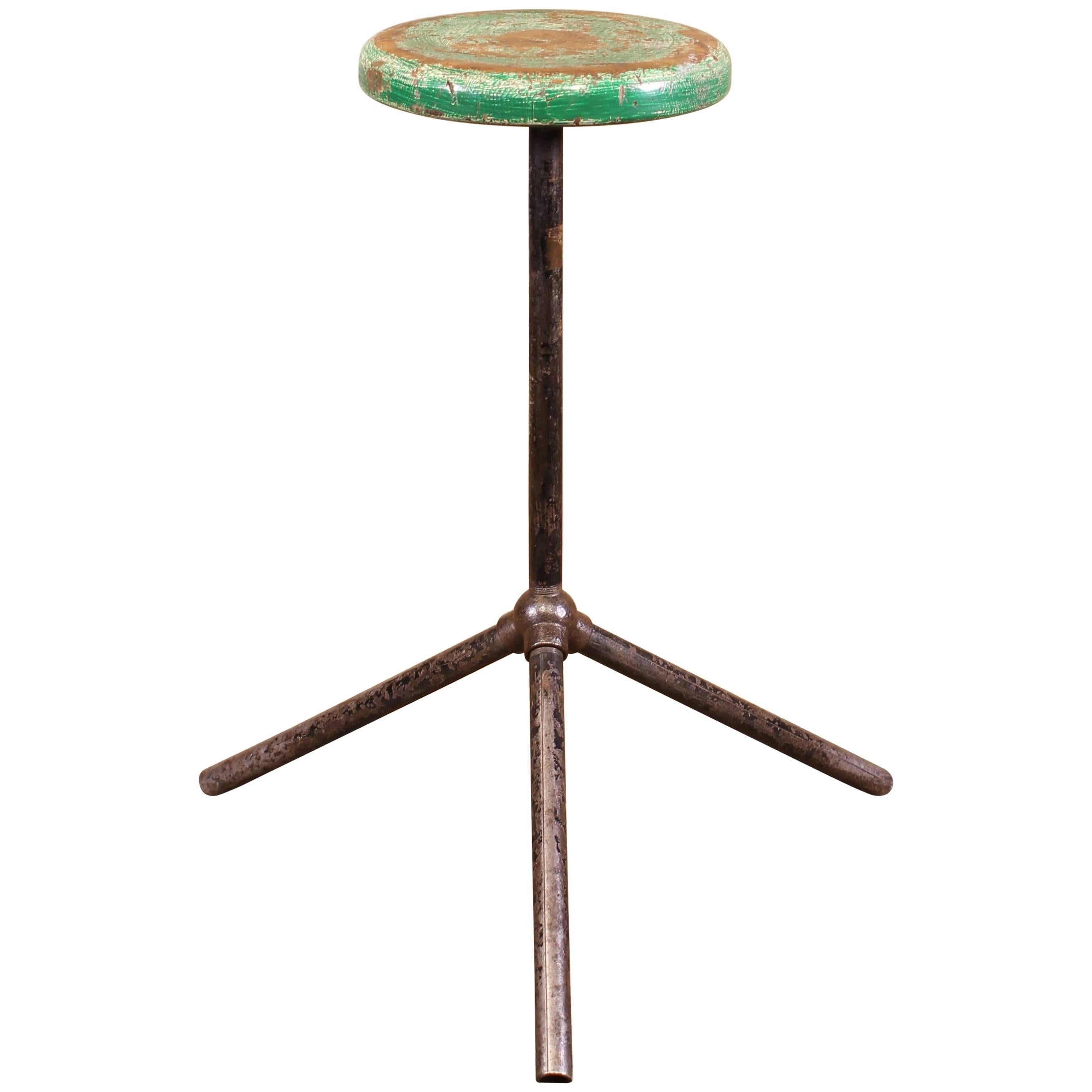 Three Pole Factory Stool Vintage Shop Industrial Style, Steel and Wood