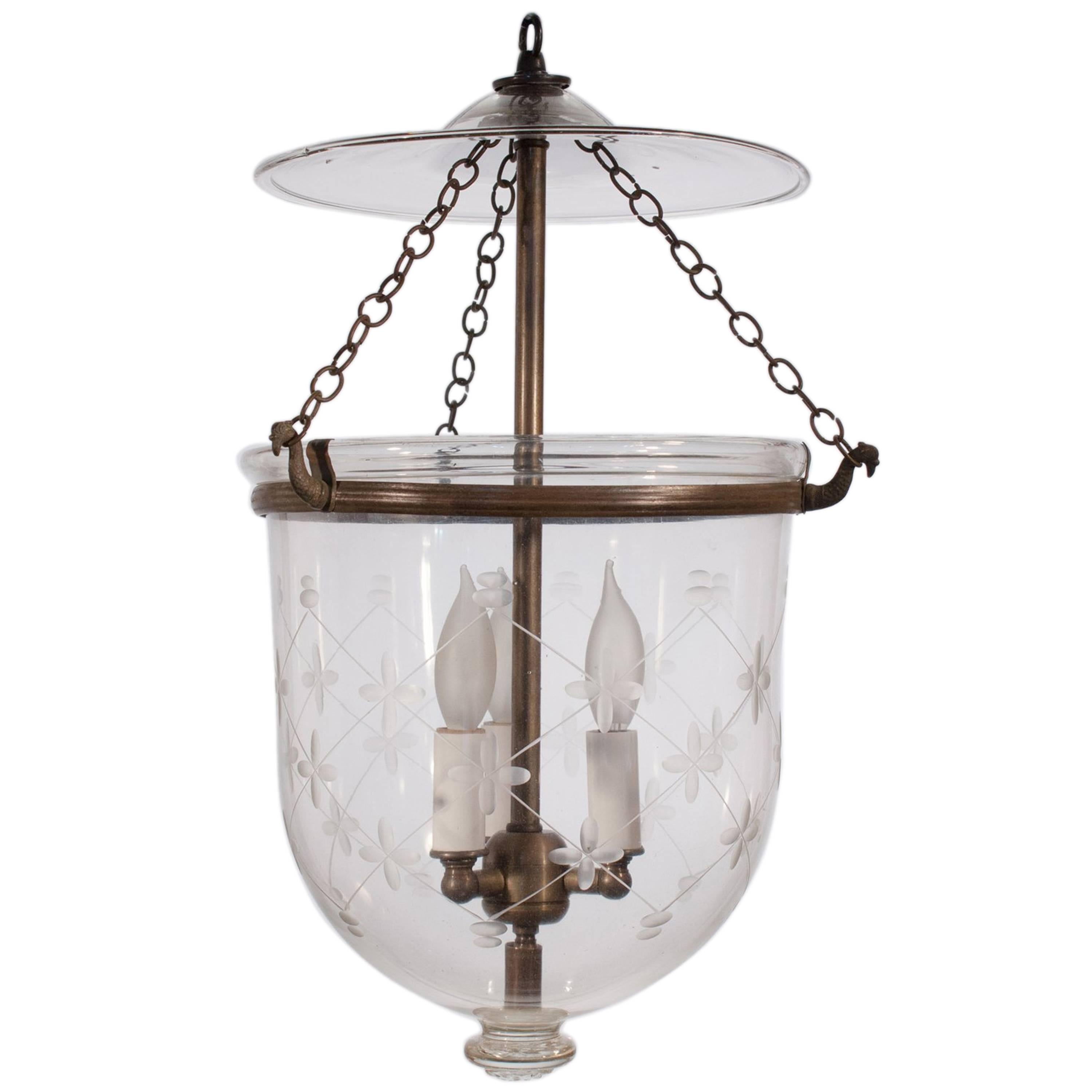 English Bell Jar Lantern with Etched Trellis Motif