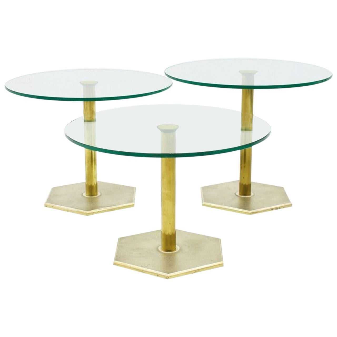 Set of Three Brass and Glass Side Tables, Nesting Tables