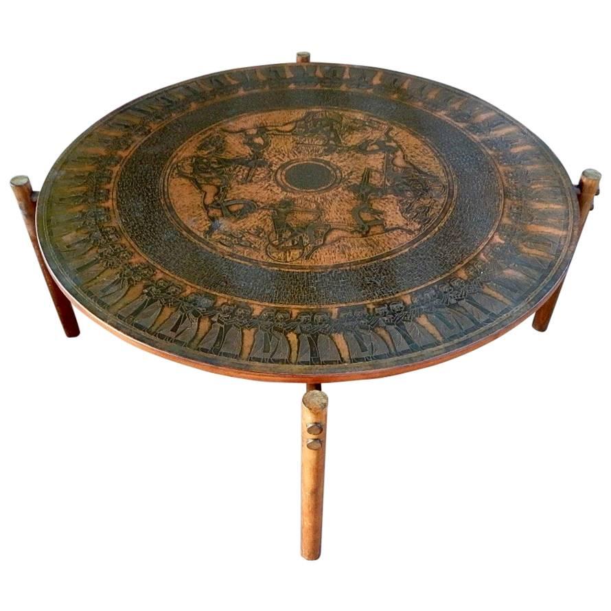 Stamped Copper Egyptian Themed Coffee Table by Vad Trevare, Norway, 1960s