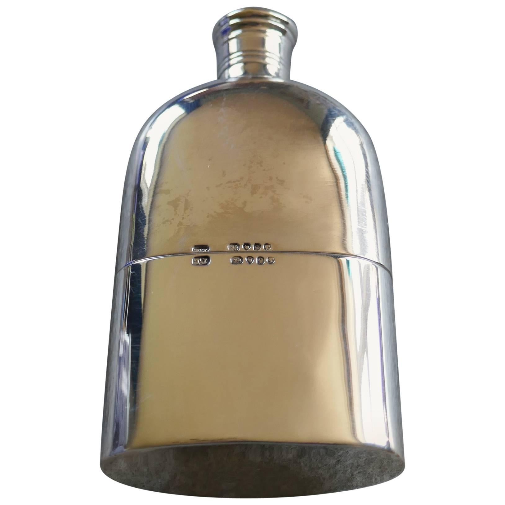 Solid Silver Hall Marked Brandy or Hip Flask and Cup Date 1888