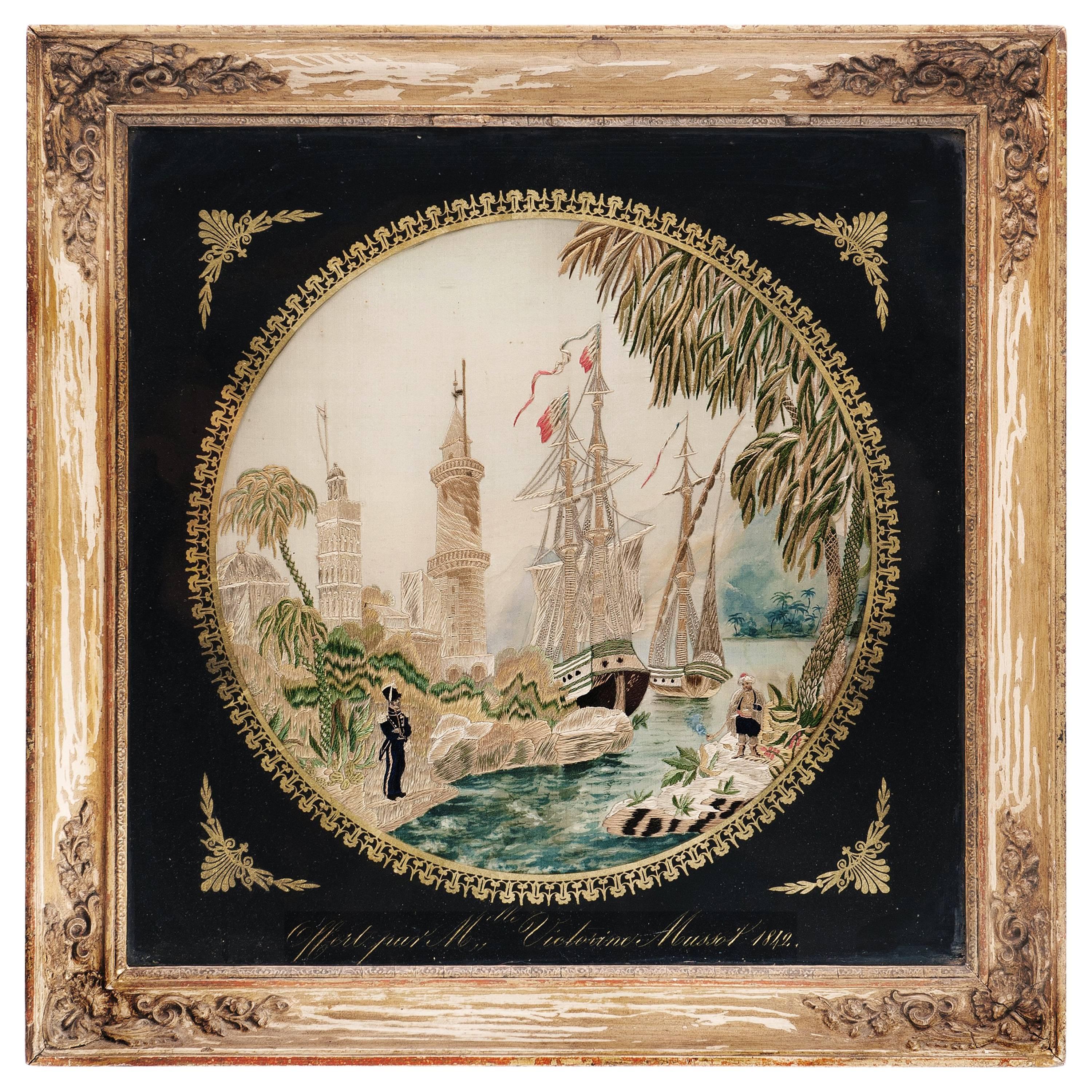 Eglomise Framed Needlework Panel, with Oriental Scenery and French Ship For Sale
