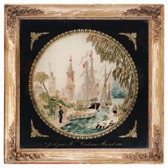 Antique Eglomise Framed Needlework Panel, with Oriental Scenery and French Ship