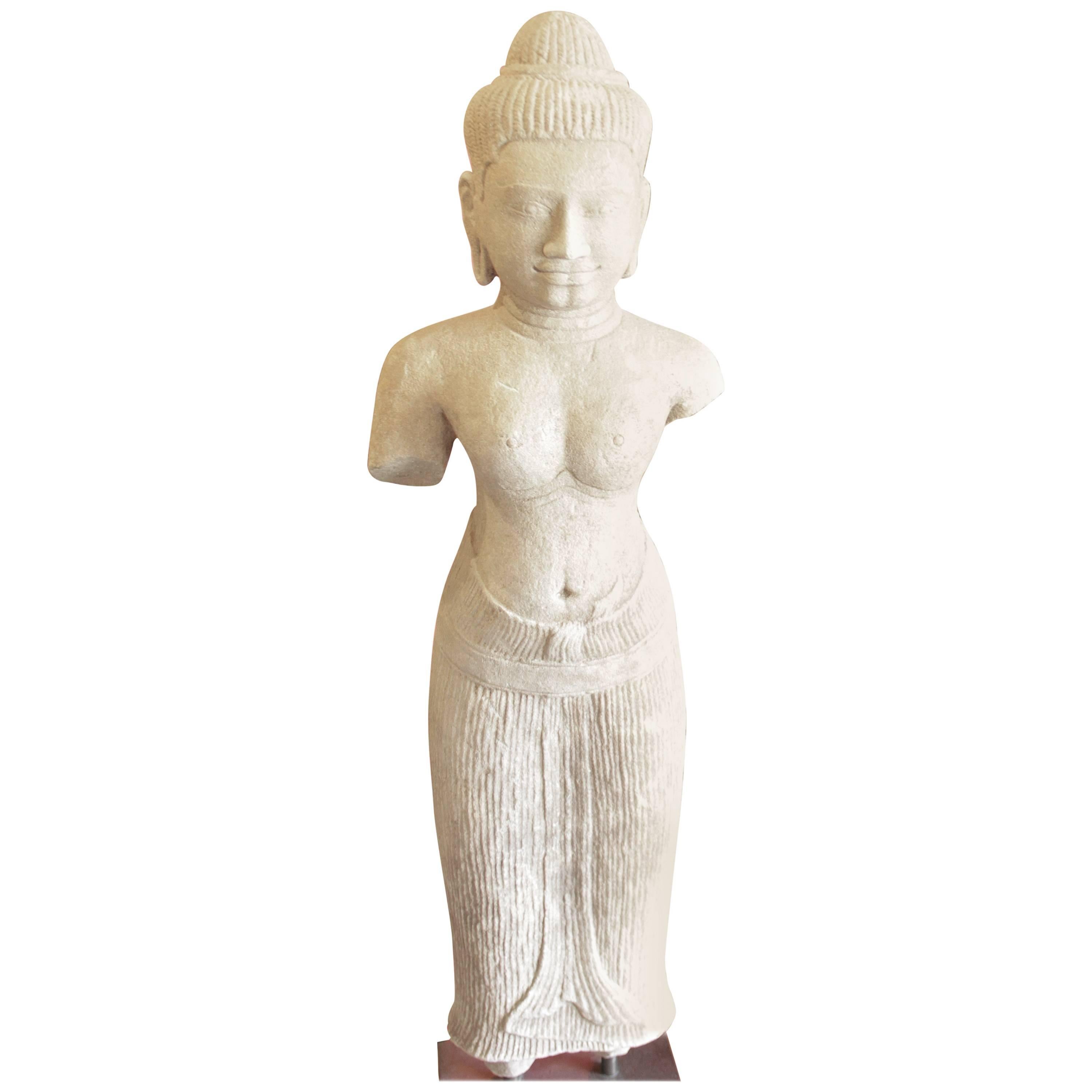 Baphuon Style Female Sandstone Statue Cambodia 11th Century For Sale