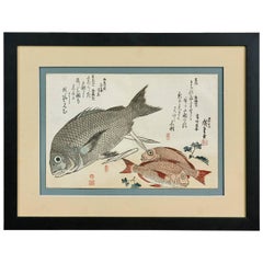 Japanischer Holzschnitt mit Fischdruck aus dem 19. Jahrhundert von Utagawa Hiroshige