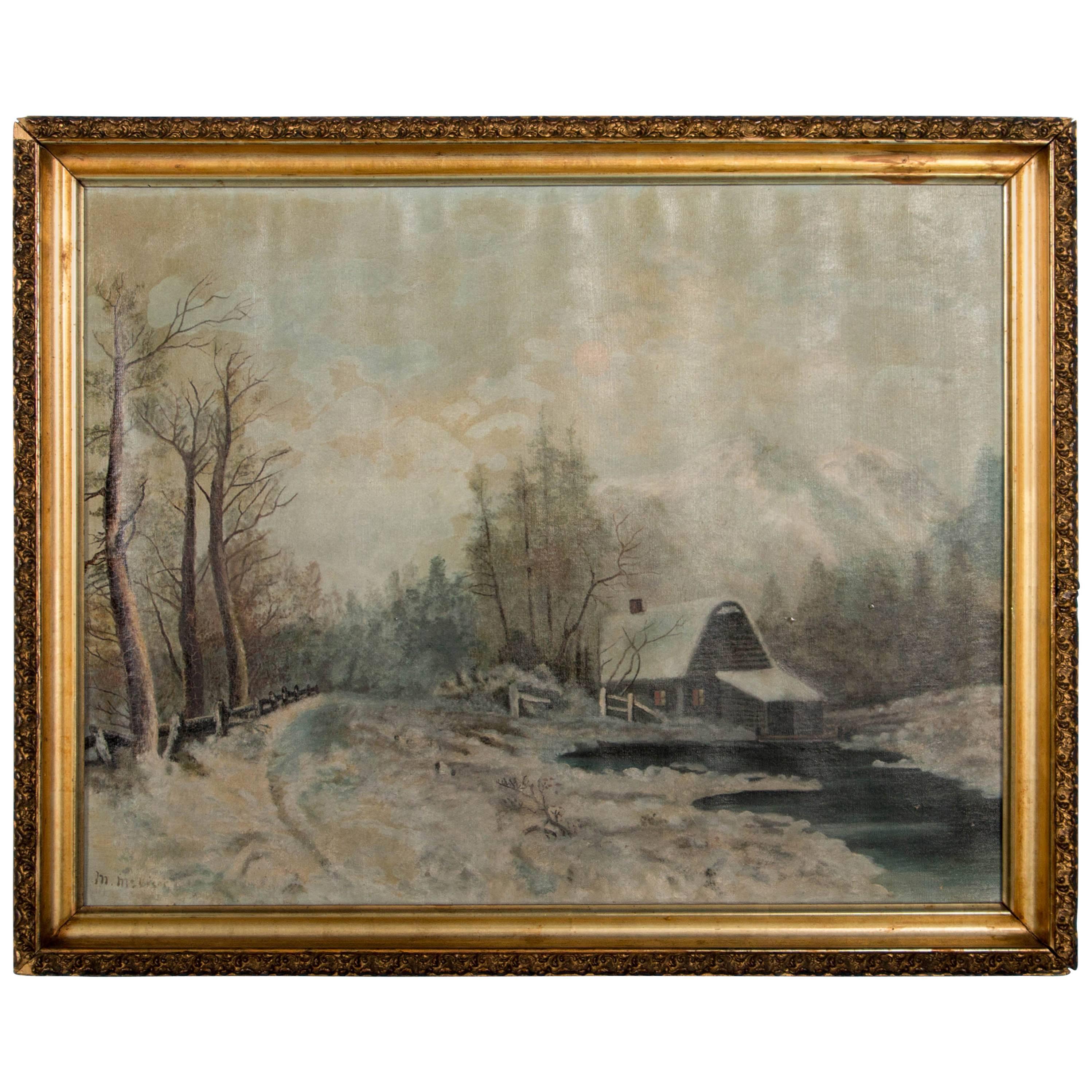 Antique Winter Landscape Oil on Canvas Painting