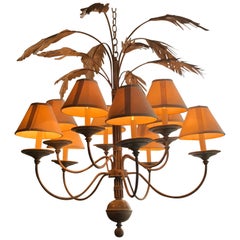 Palm Tree Frond Leaf Leaves Ten-Light Chandelier Metal Tole