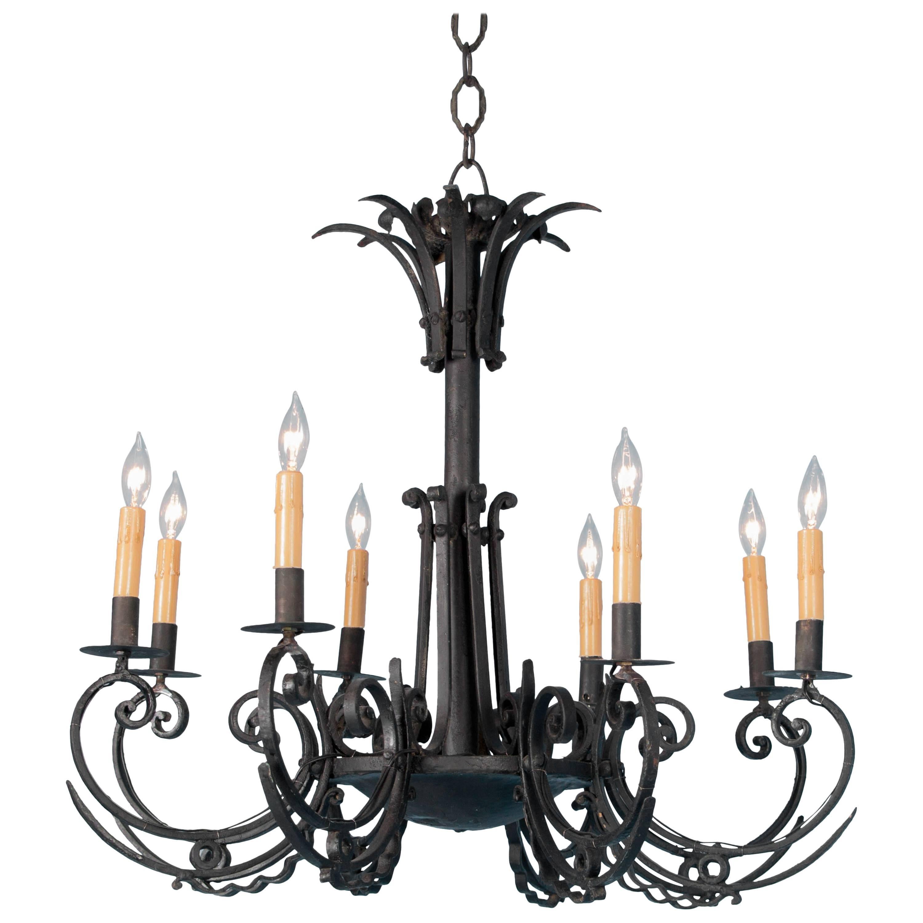 Antique Eight-Light Scrolled Black Iron Chandelier