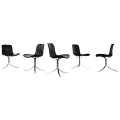 Five Poul Kjærholm PK9 Chairs, Dark Brown Leather, 1985 by Fritz Hansen, Denmark