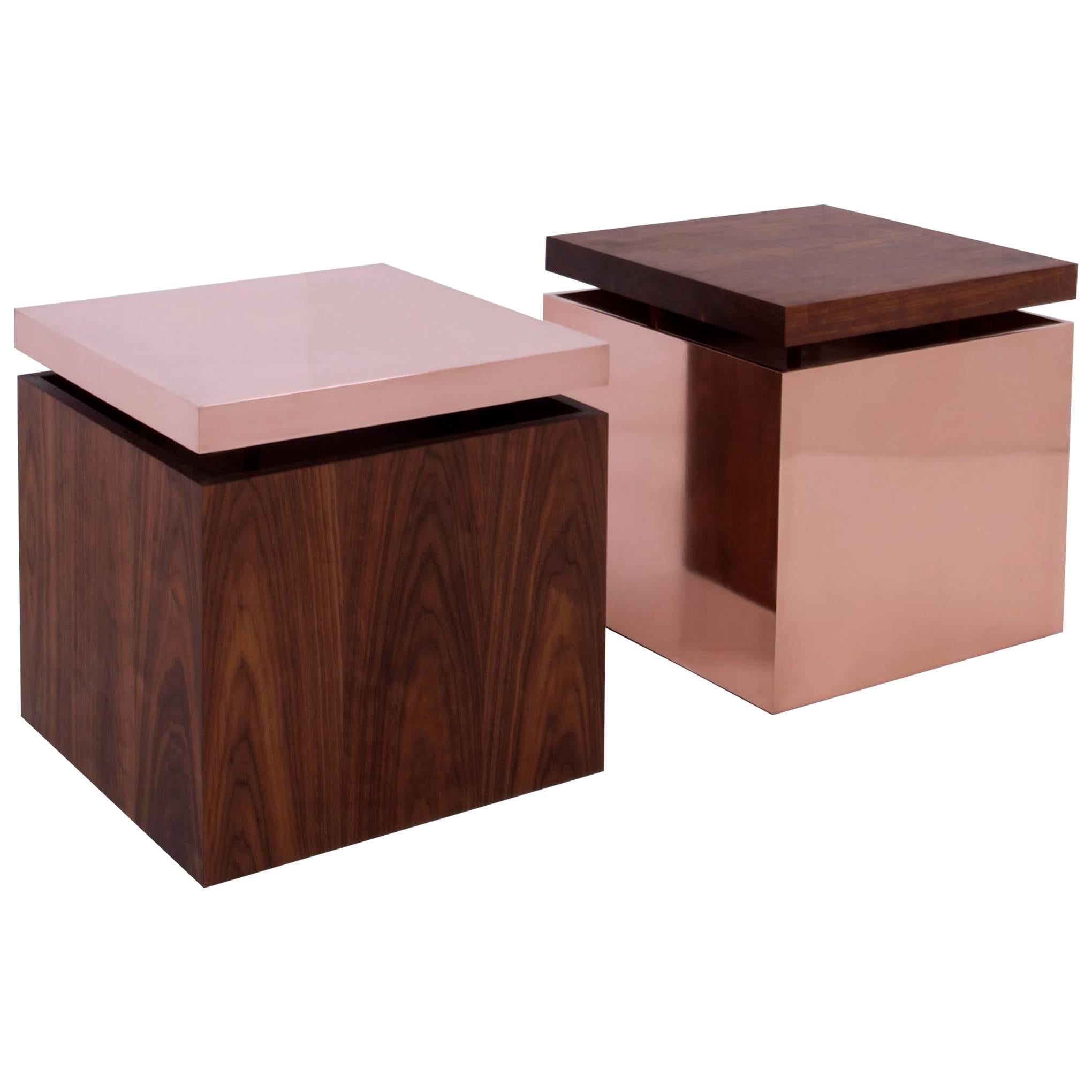 Pair of Contemporary Cube End Tables in Copper and Walnut by Brant Ritter For Sale