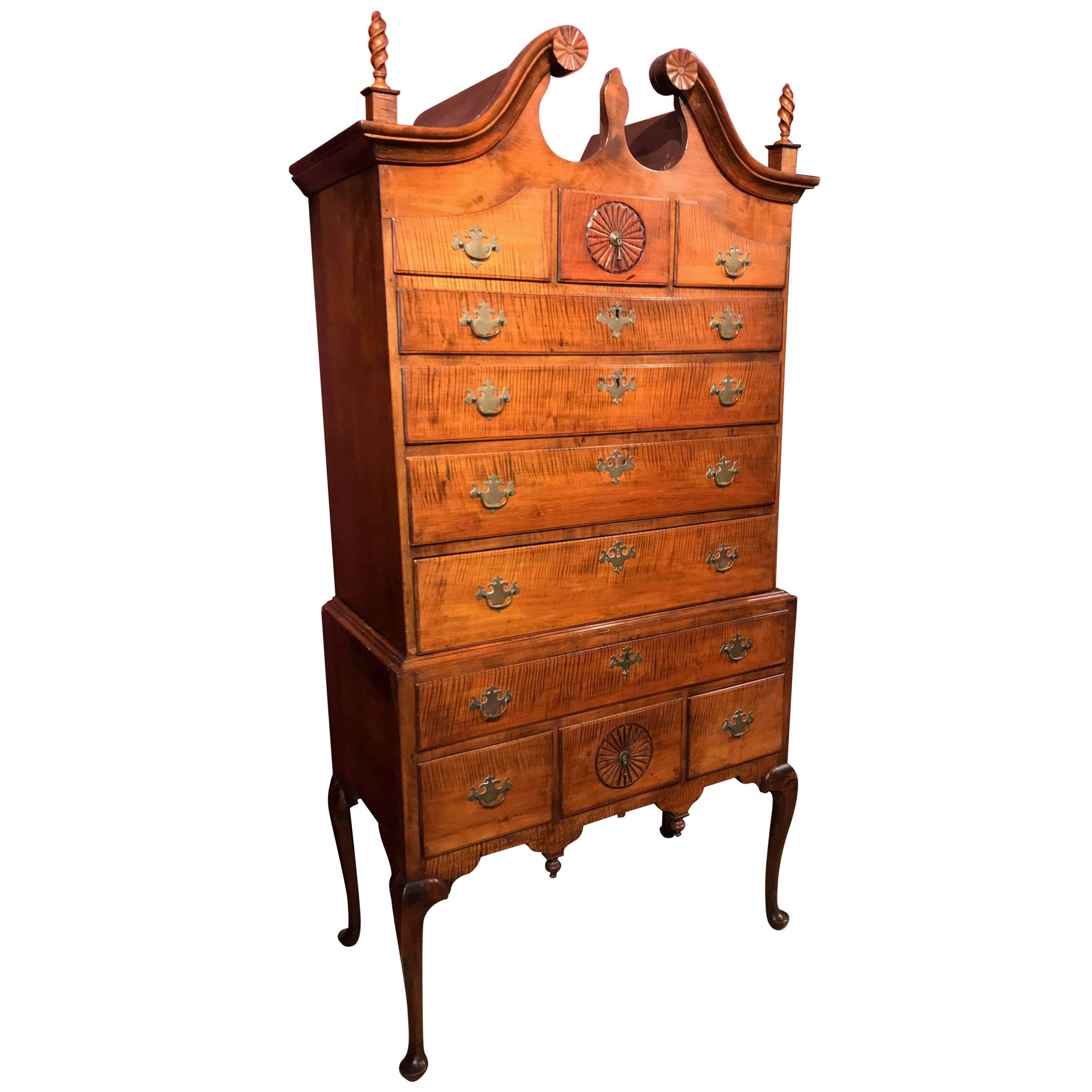 18th Century Tiger Maple Bonnet Top Highboy or High Chest with Sunburst Carvings