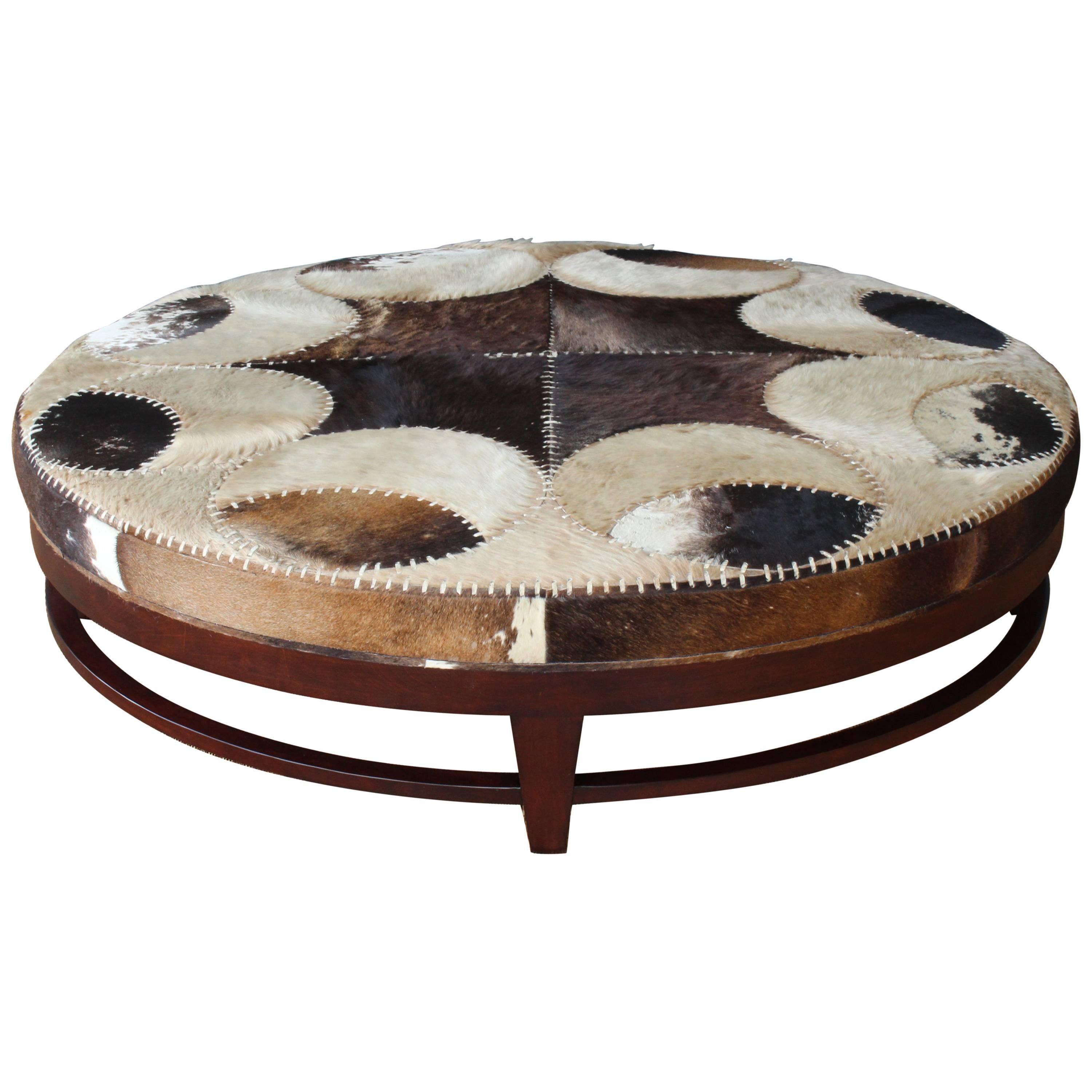 1970s Cowhide Ottoman with Walnut Base