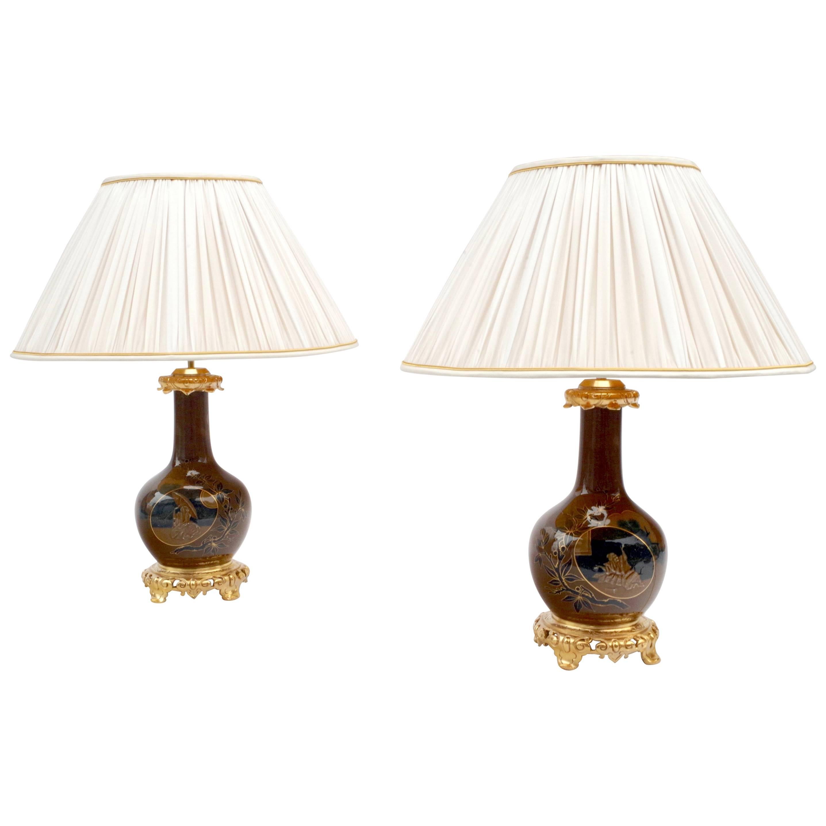 Pair of Brown and Blue Porcelain Lamps, Japanese Style, Late 19th Century