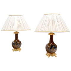 Used Pair of Brown and Blue Porcelain Lamps, Japanese Style, Late 19th Century