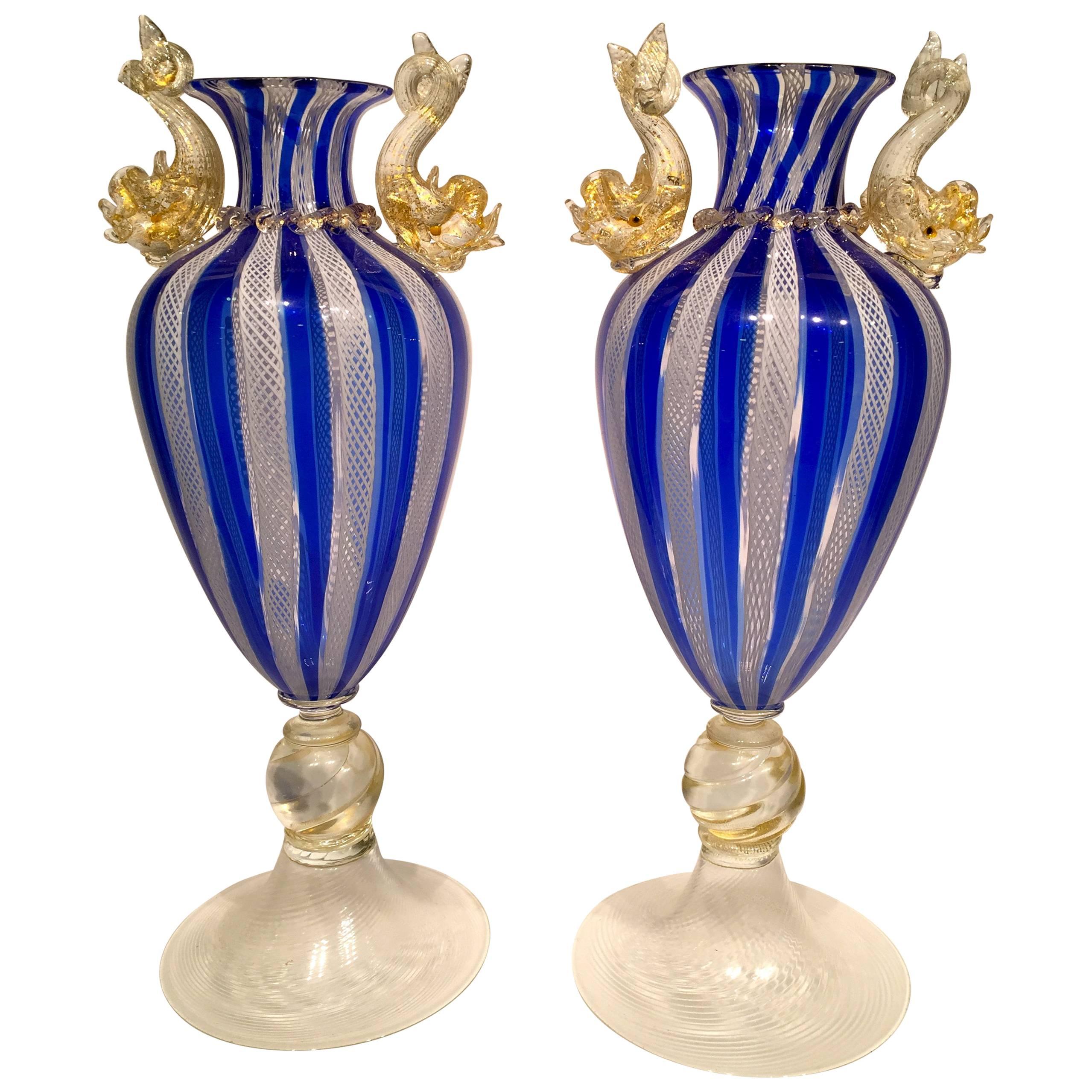 SALVIATI Pair of Murano Glass Dolphins Blue and White Vases, circa 1940 For Sale