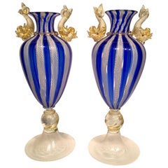 SALVIATI Pair of Murano Glass Dolphins Blue and White Vases, circa 1940