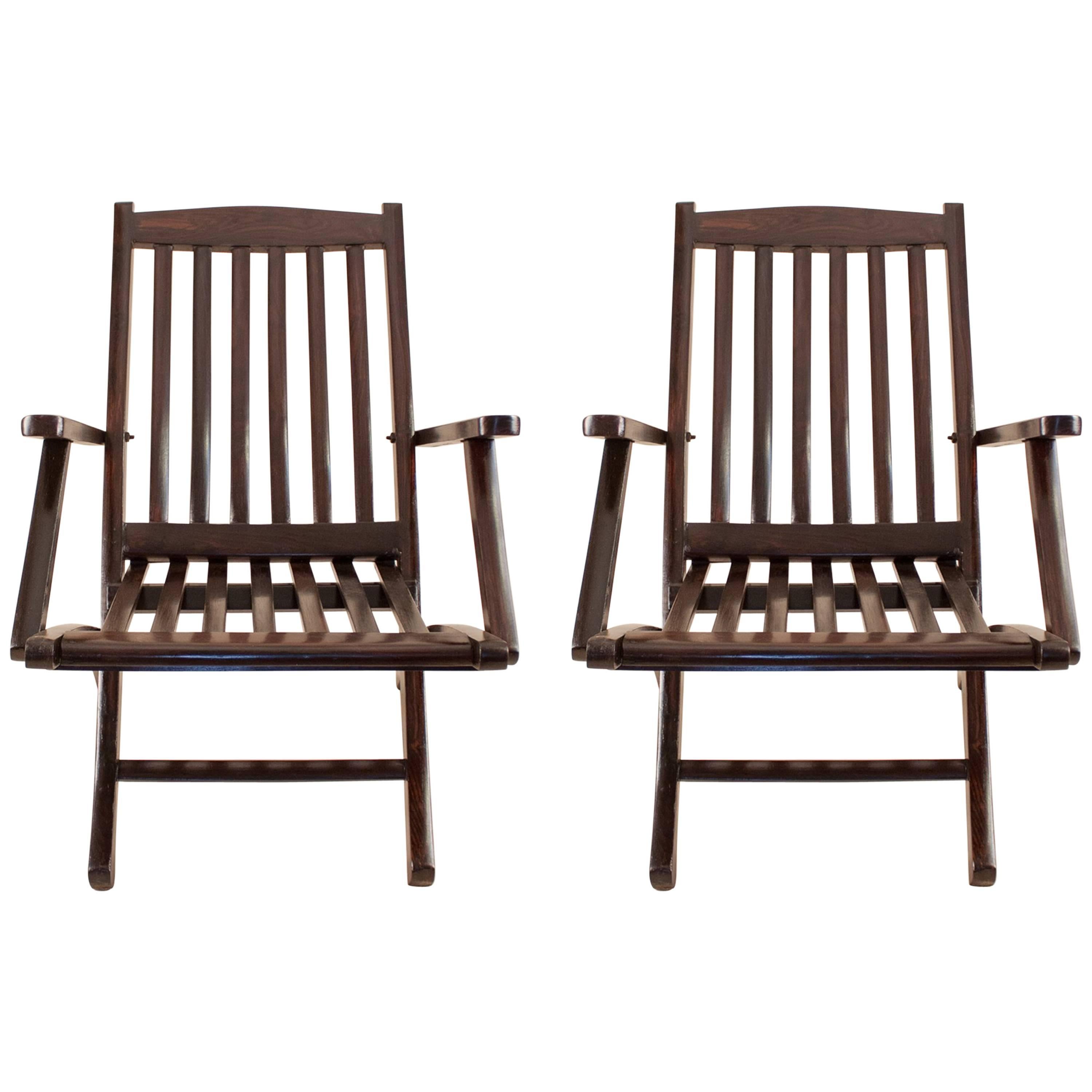 Pair of British Rosewood Folding Steamer Deck Chairs