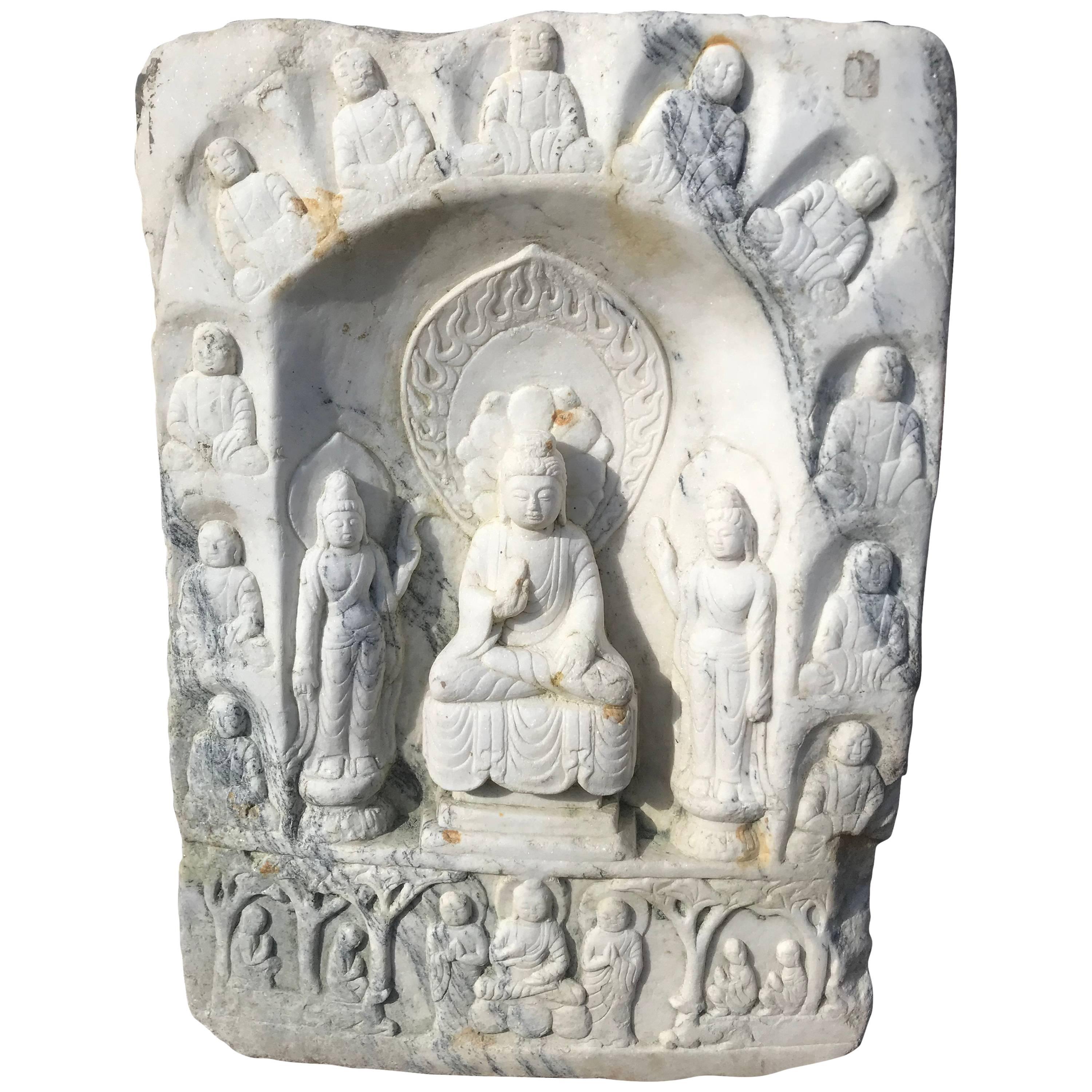 Chinese White Marble Garden Stone Buddha Guan Yin with Attendants Hand-Carved