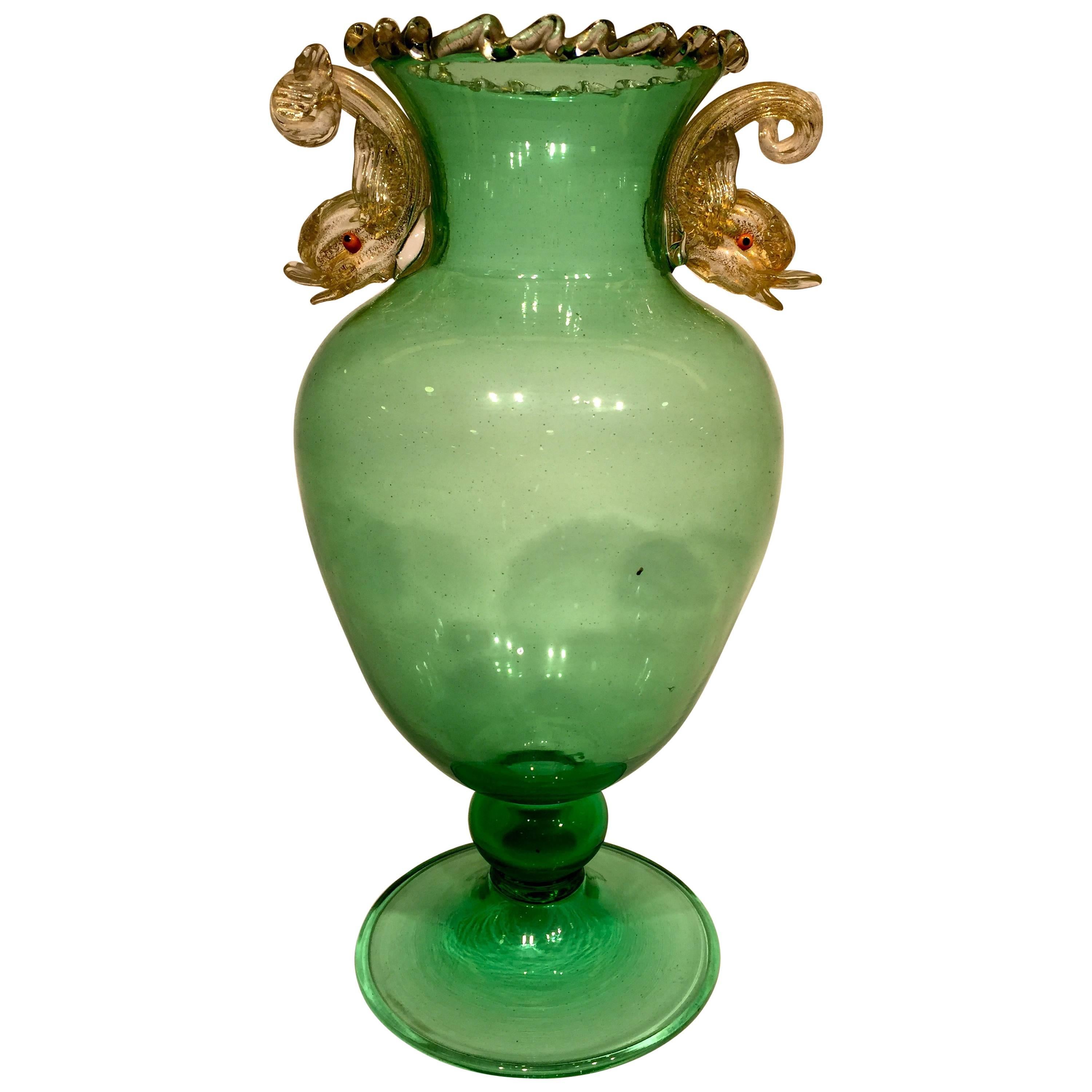 SALVIATI  Murano Glass Dolphins Green and Gold Vase, circa 1940 For Sale