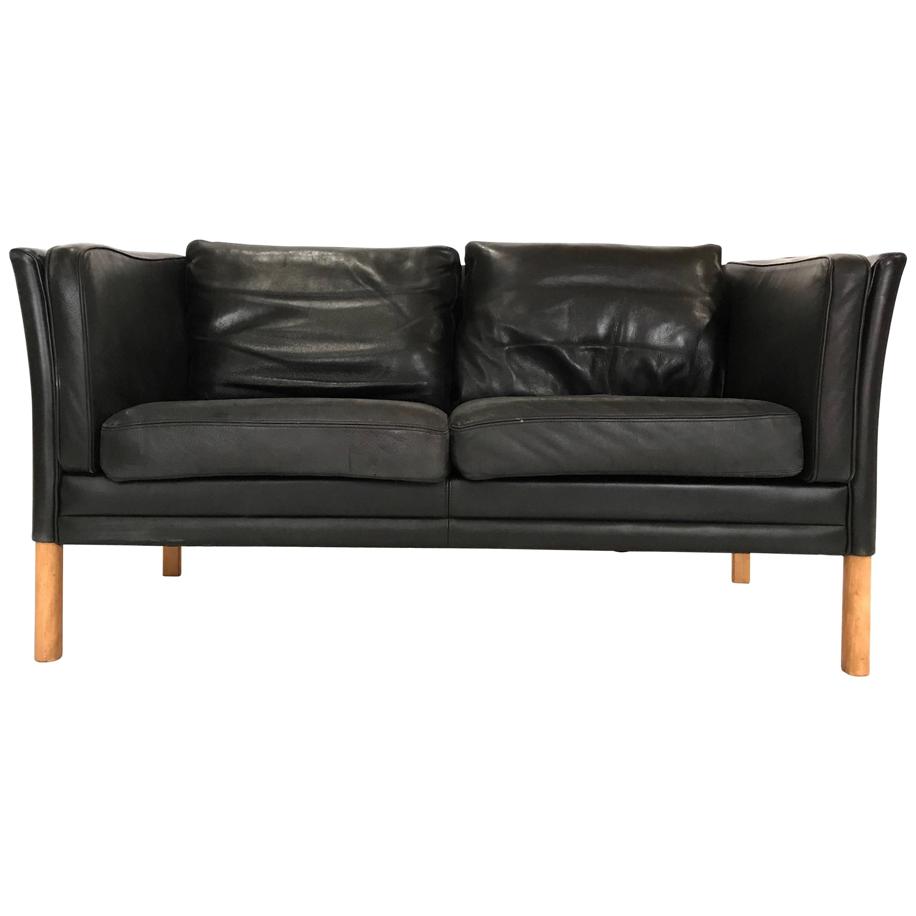 Børge Mogensen Style Black Scandinavian Danish Modern Leather Two-Seat Sofa