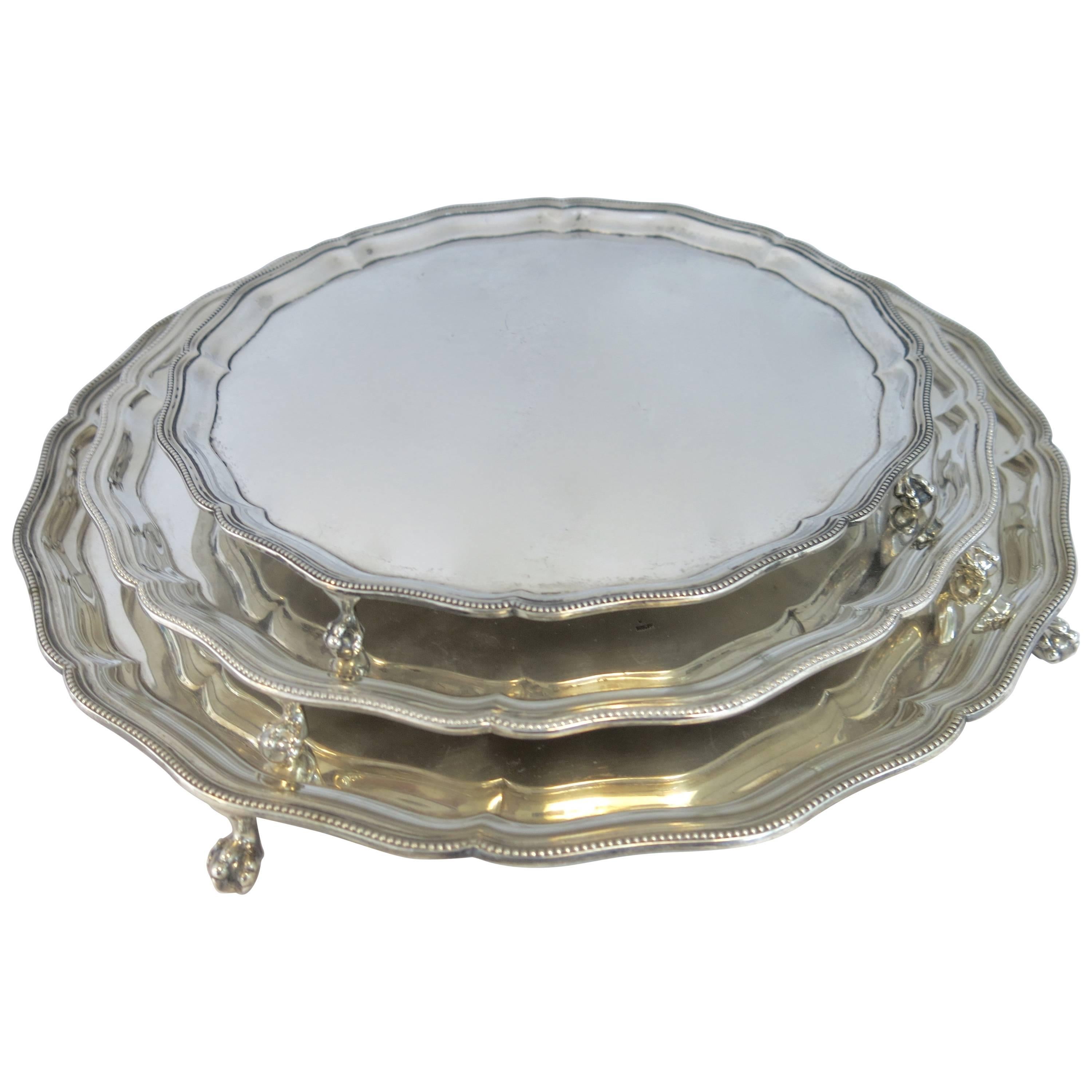 Nesting Set of Three Sterling Silver Footed Round Trays, English Hallmarked For Sale