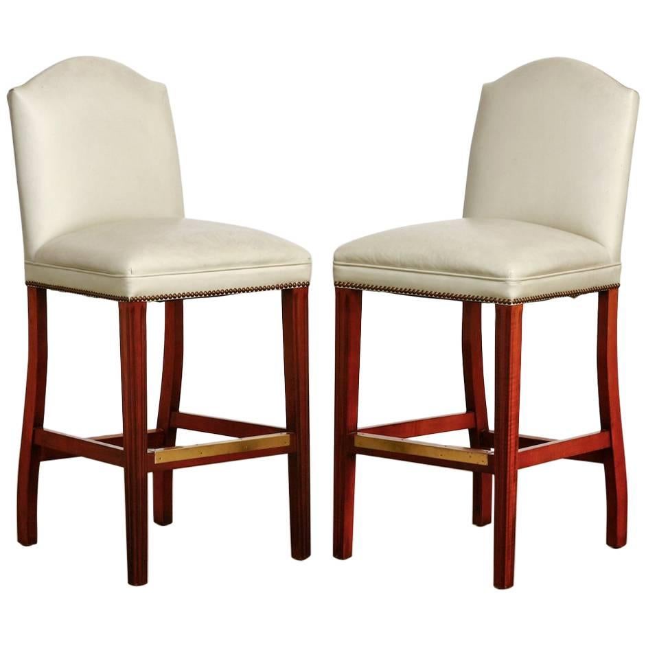 Pair of Oyster Leather High Back Bar Stools