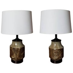 Vintage Handsome Handmade Pottery Lamps with Incised Decoration, California, 1960s