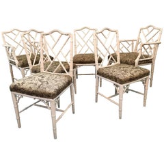Vintage Chinese Chippendale Faux Bamboo Dining Chairs - Set of Six
