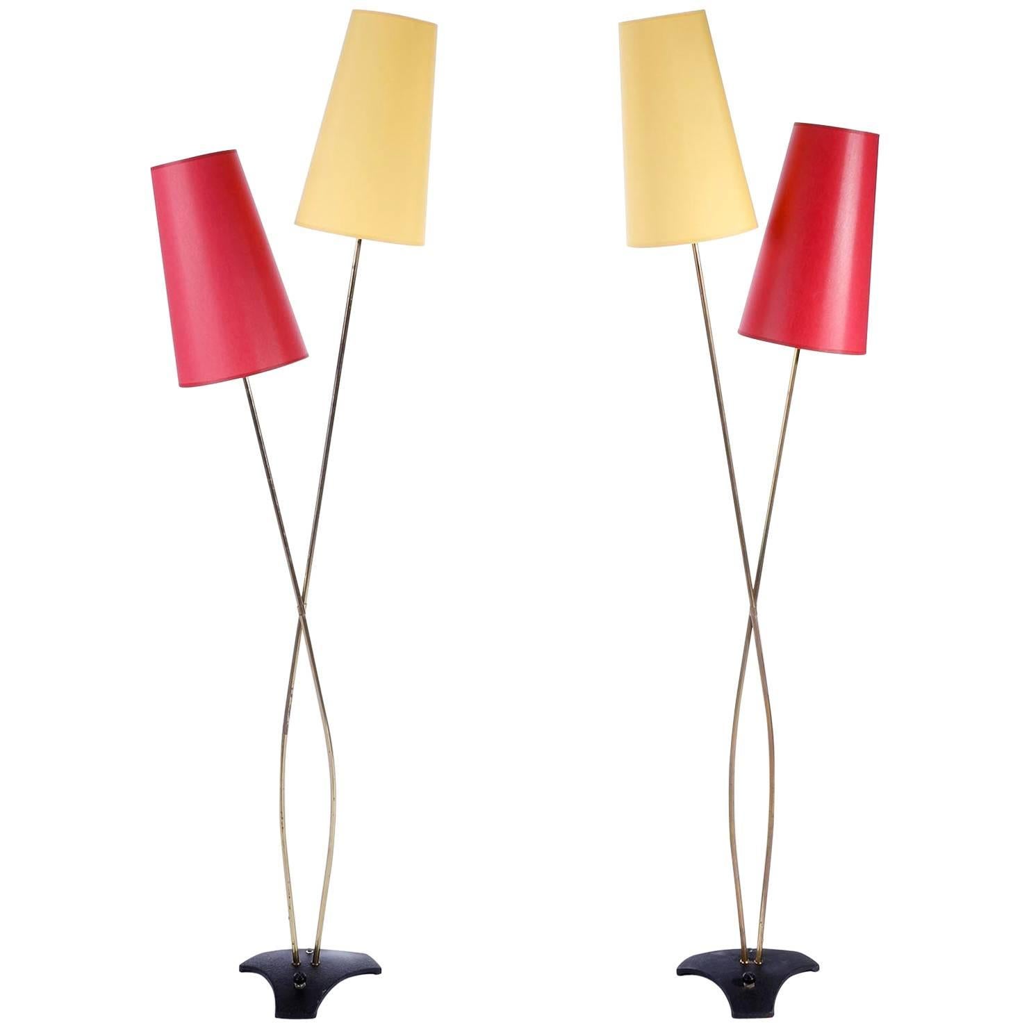 Pair of Floor Lamps by Rupert Nikoll, Brass Yellow Red, Austria, 1960