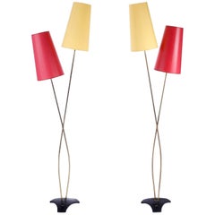 Pair of Floor Lamps by Rupert Nikoll, Brass Yellow Red, Austria, 1960