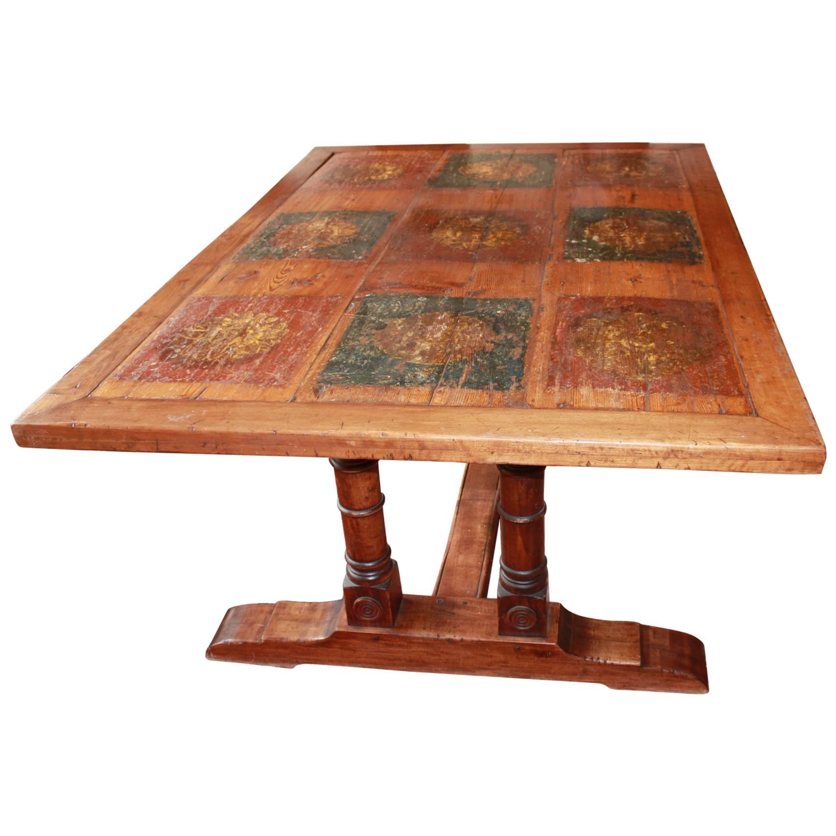 French Trestle Table with Unique Painted Top For Sale