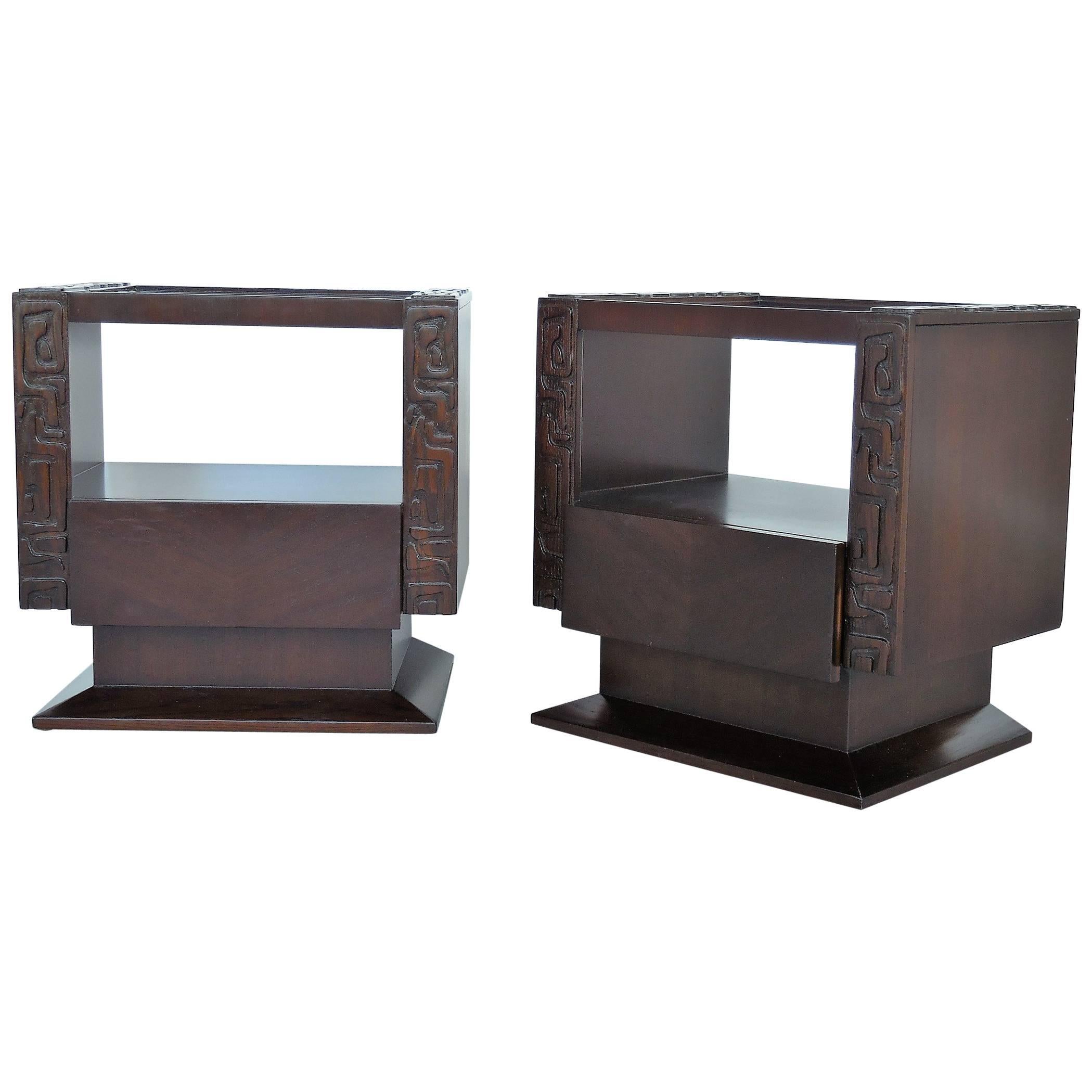 Midcentury Nightstands Bedside Tables with Abstract Carving, a Pair