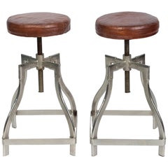 Pair of Industrial Adjustable Stools with Leather Seats