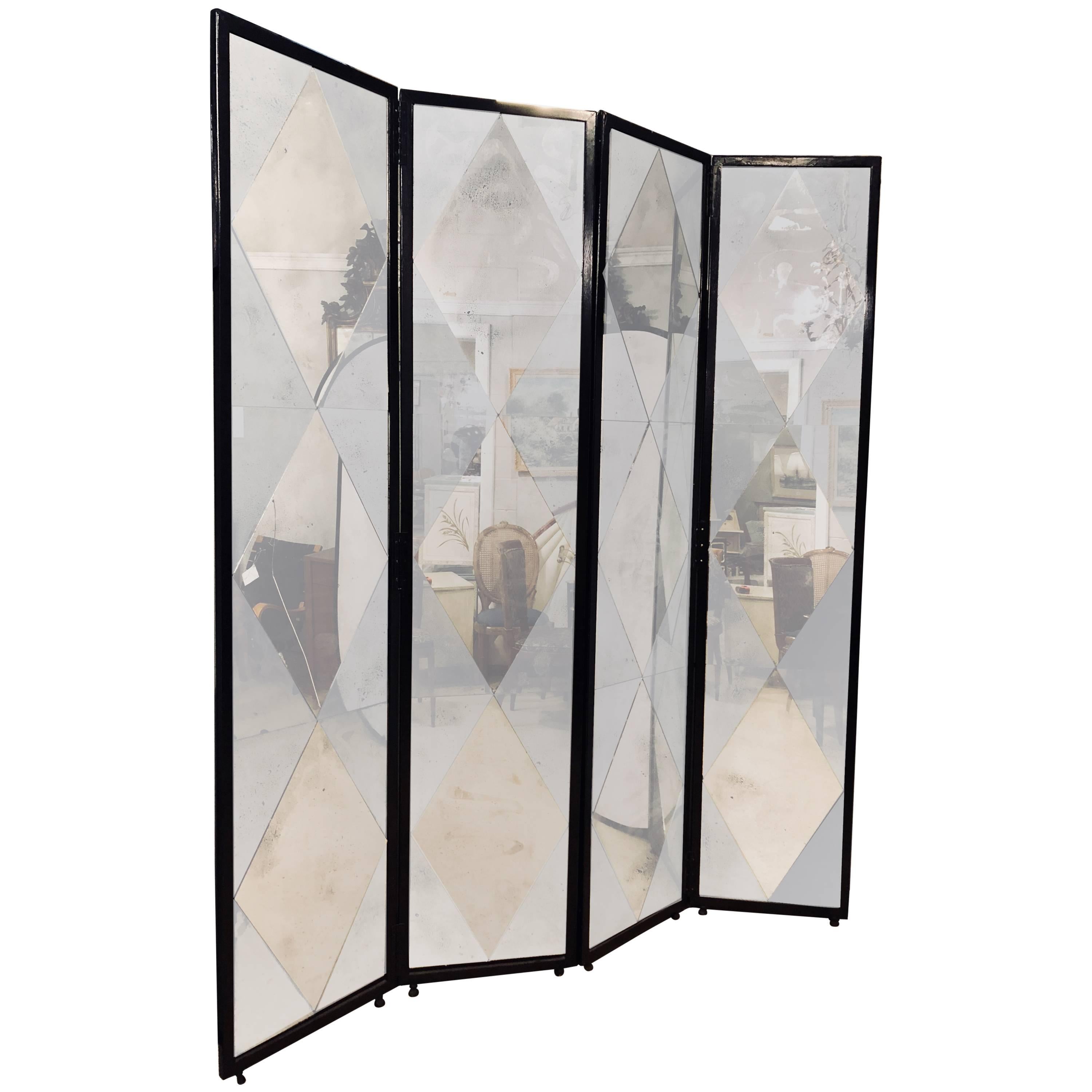 Four Panel Double Sided Floor Screen or Room Divider Distressed Diamond Mirror