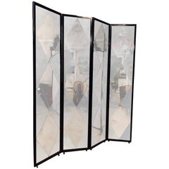 Four Panel Double Sided Floor Screen or Room Divider Distressed Diamond Mirror