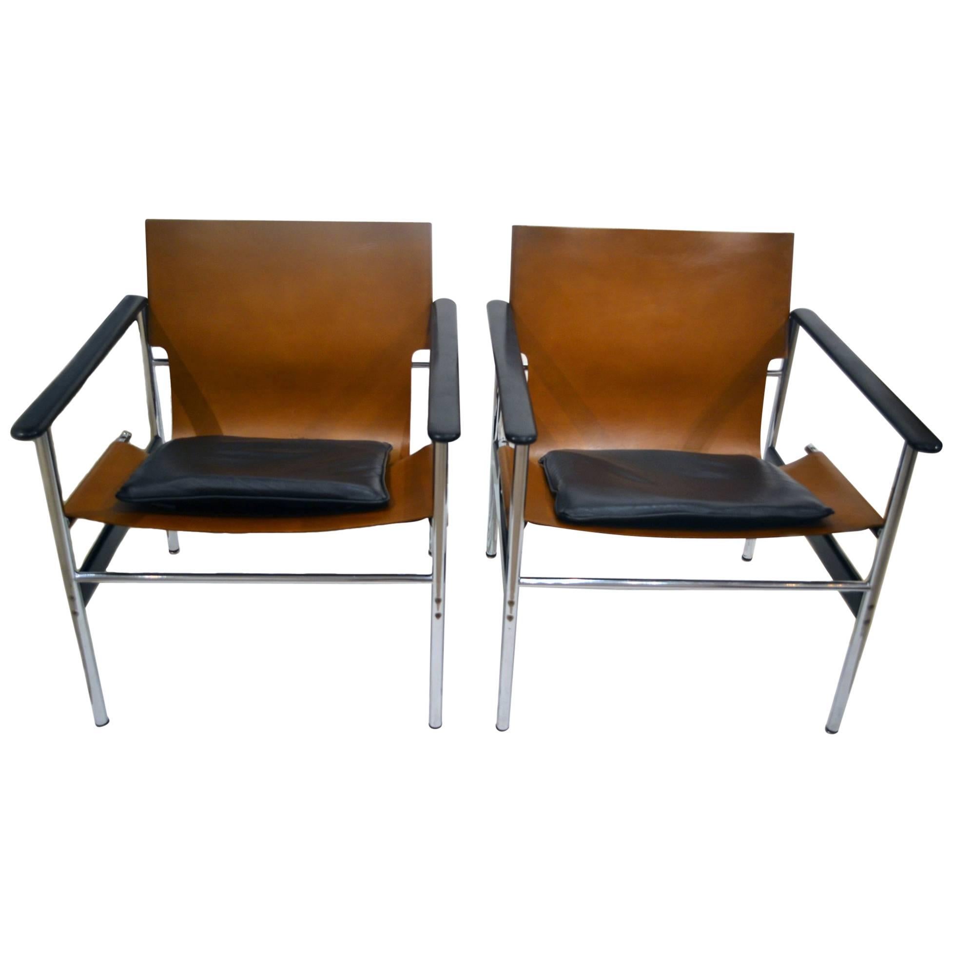 Vintage Charles Pollock Leather, Steel and Chrome Chairs for Knoll, circa 1960s