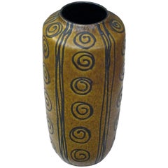 Striking West German, 1960s Ochre Glazed Vase W Dark Brown Drip-Glaze Decoration